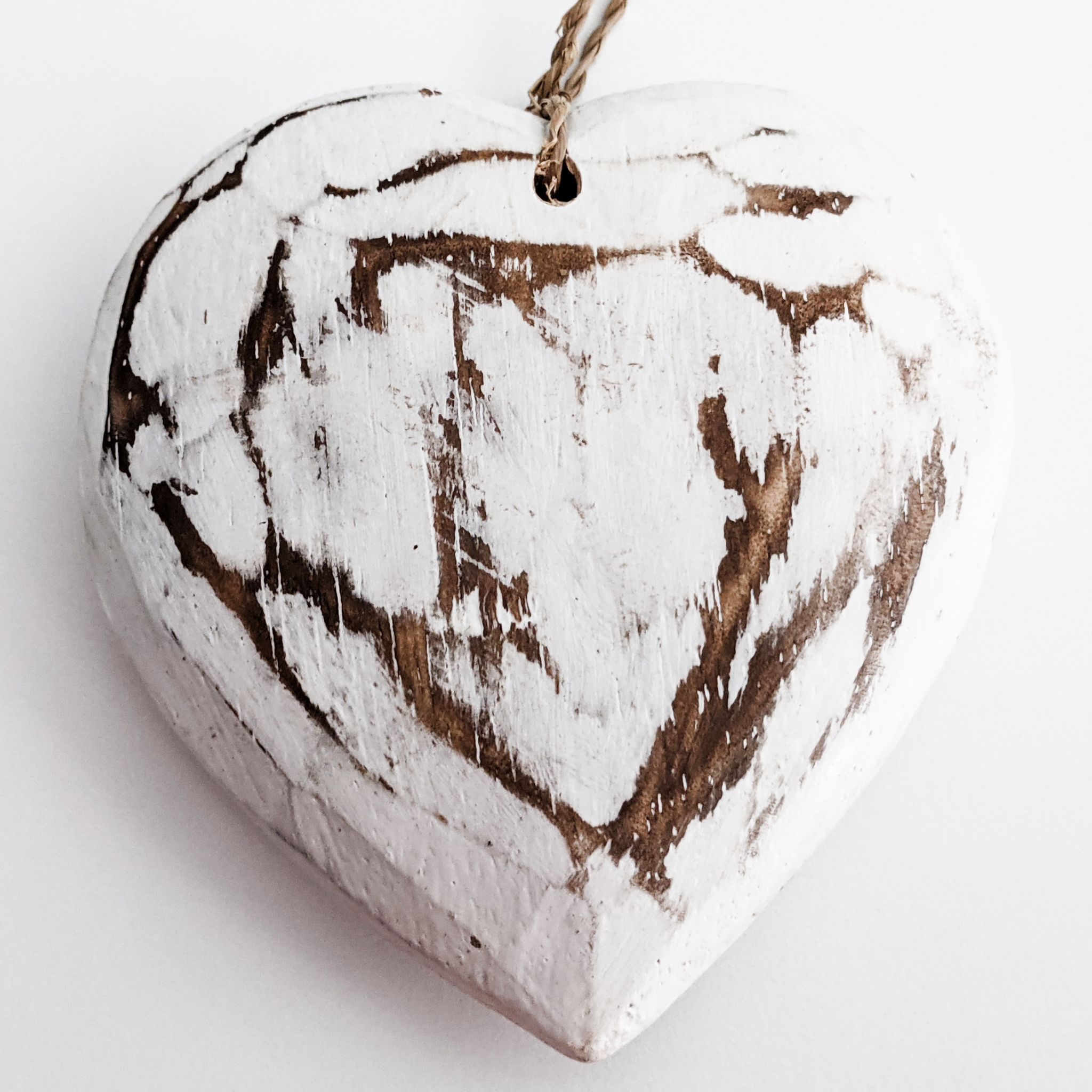 Rustic White Washed Wood Heart Ornament